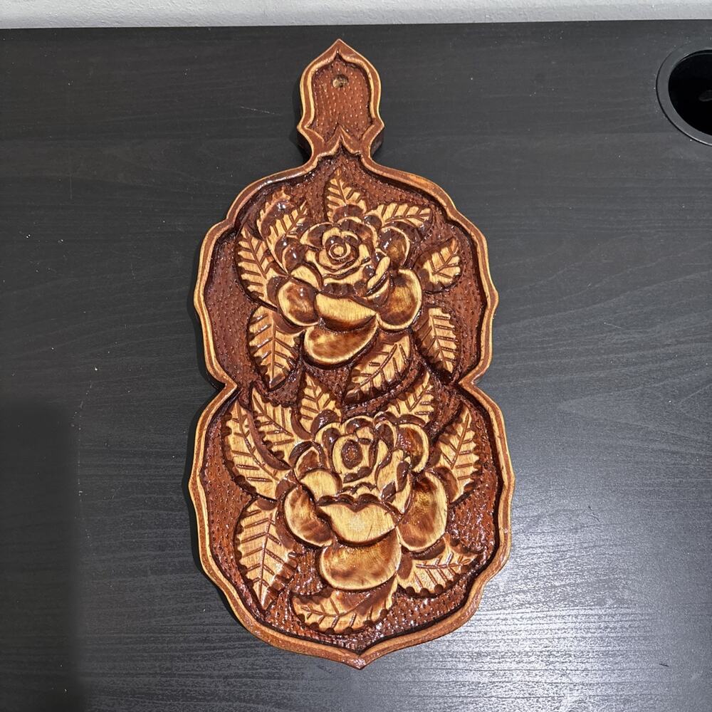 VTG Hand Carved Wood Wall Plaque Long Floral Rose Rustic Farmhouse Cottage Decor